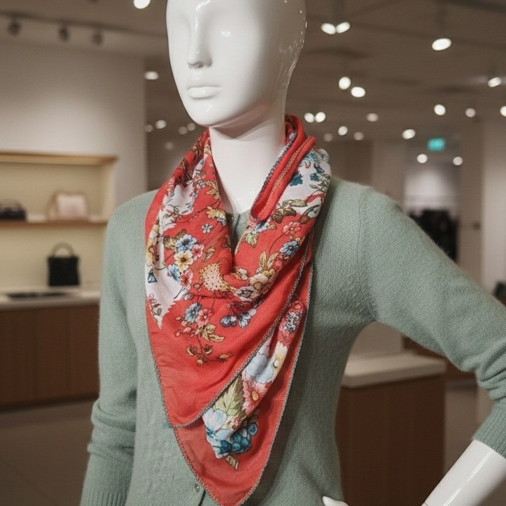 Red Floral Square Scarf Lightweight Boho‎ Women Scarf